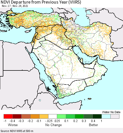 Middle East and Turkey NDVI Departure from Previous Year (VIIRS) Thematic Map For 11/17/2021 - 11/24/2021