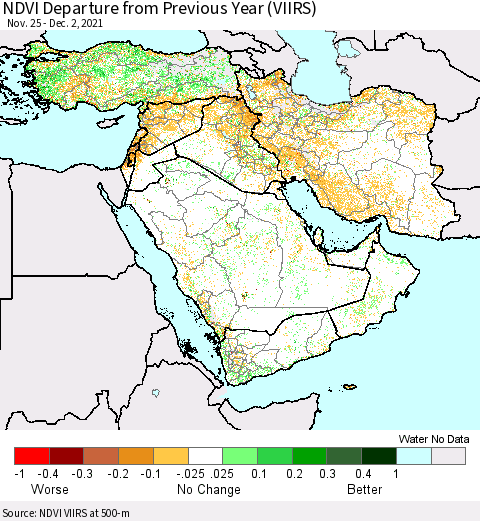 Middle East and Turkey NDVI Departure from Previous Year (VIIRS) Thematic Map For 11/25/2021 - 12/2/2021