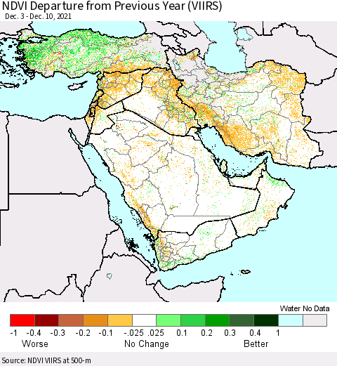 Middle East and Turkey NDVI Departure from Previous Year (VIIRS) Thematic Map For 12/3/2021 - 12/10/2021