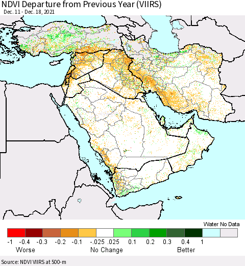 Middle East and Turkey NDVI Departure from Previous Year (VIIRS) Thematic Map For 12/11/2021 - 12/18/2021