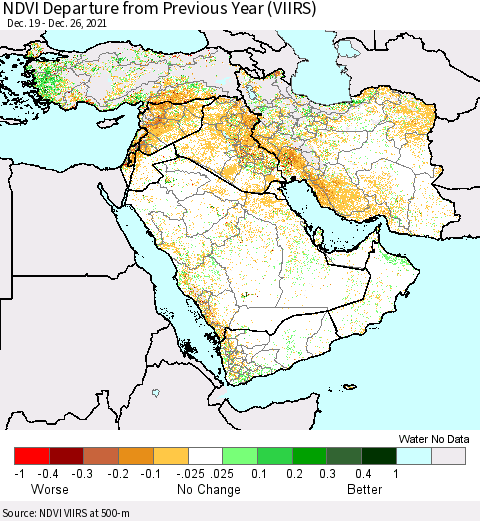 Middle East and Turkey NDVI Departure from Previous Year (VIIRS) Thematic Map For 12/19/2021 - 12/26/2021