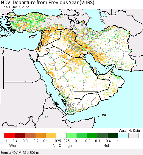 Middle East and Turkey NDVI Departure from Previous Year (VIIRS) Thematic Map For 1/1/2022 - 1/8/2022