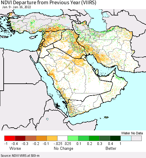 Middle East and Turkey NDVI Departure from Previous Year (VIIRS) Thematic Map For 1/9/2022 - 1/16/2022