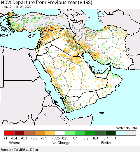 Middle East and Turkey NDVI Departure from Previous Year (VIIRS) Thematic Map For 1/17/2022 - 1/24/2022