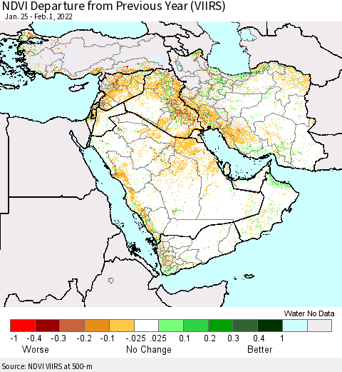 Middle East and Turkey NDVI Departure from Previous Year (VIIRS) Thematic Map For 1/25/2022 - 2/1/2022