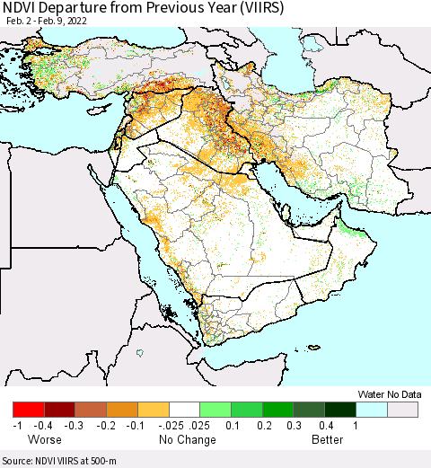 Middle East and Turkey NDVI Departure from Previous Year (VIIRS) Thematic Map For 2/2/2022 - 2/9/2022
