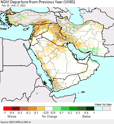 Middle East and Turkey NDVI Departure from Previous Year (VIIRS) Thematic Map For 2/10/2022 - 2/17/2022