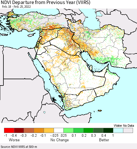 Middle East and Turkey NDVI Departure from Previous Year (VIIRS) Thematic Map For 2/18/2022 - 2/25/2022