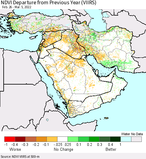Middle East and Turkey NDVI Departure from Previous Year (VIIRS) Thematic Map For 2/26/2022 - 3/5/2022