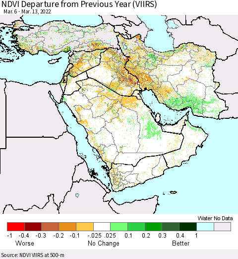 Middle East and Turkey NDVI Departure from Previous Year (VIIRS) Thematic Map For 3/6/2022 - 3/13/2022