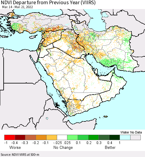 Middle East and Turkey NDVI Departure from Previous Year (VIIRS) Thematic Map For 3/14/2022 - 3/21/2022