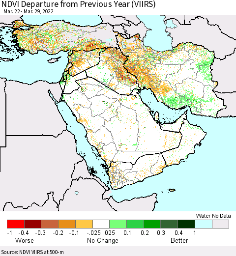 Middle East and Turkey NDVI Departure from Previous Year (VIIRS) Thematic Map For 3/22/2022 - 3/29/2022