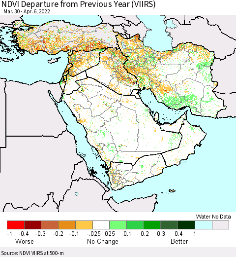 Middle East and Turkey NDVI Departure from Previous Year (VIIRS) Thematic Map For 3/30/2022 - 4/6/2022
