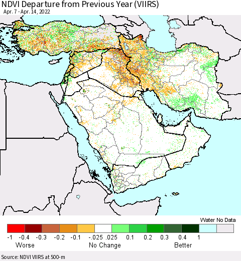 Middle East and Turkey NDVI Departure from Previous Year (VIIRS) Thematic Map For 4/7/2022 - 4/14/2022