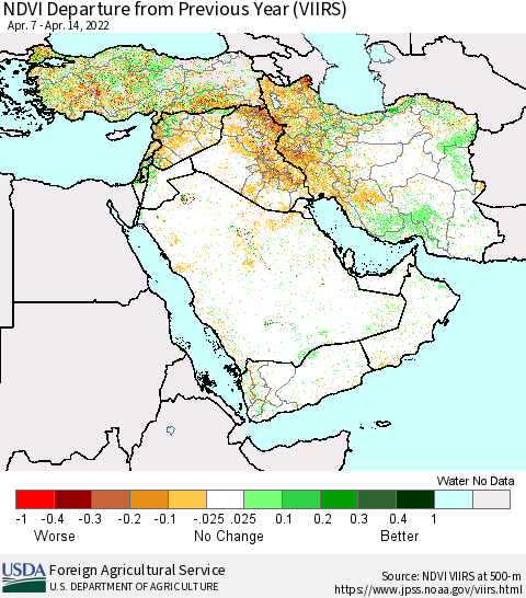 Middle East and Turkey NDVI Departure from Previous Year (VIIRS) Thematic Map For 4/11/2022 - 4/20/2022