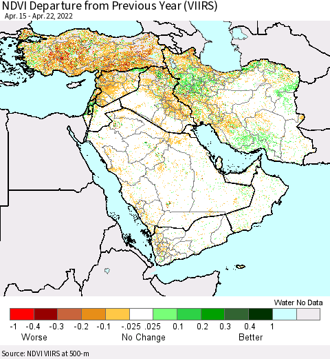 Middle East and Turkey NDVI Departure from Previous Year (VIIRS) Thematic Map For 4/15/2022 - 4/22/2022