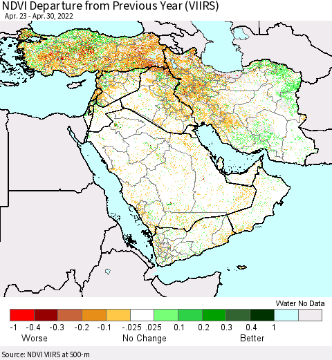 Middle East and Turkey NDVI Departure from Previous Year (VIIRS) Thematic Map For 4/23/2022 - 4/30/2022