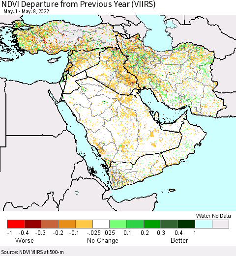 Middle East and Turkey NDVI Departure from Previous Year (VIIRS) Thematic Map For 5/1/2022 - 5/8/2022