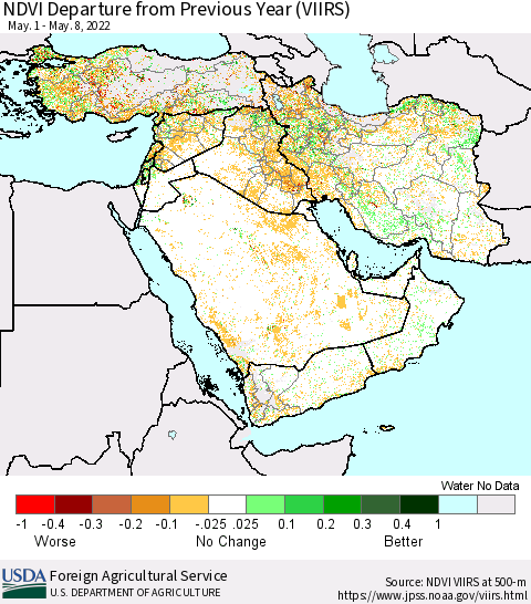 Middle East and Turkey NDVI Departure from Previous Year (VIIRS) Thematic Map For 5/1/2022 - 5/10/2022