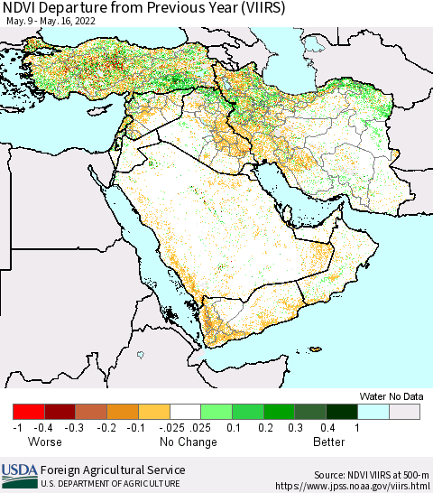 Middle East and Turkey NDVI Departure from Previous Year (VIIRS) Thematic Map For 5/11/2022 - 5/20/2022