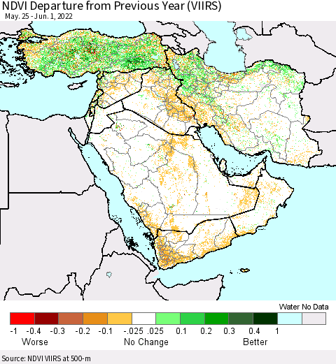 Middle East and Turkey NDVI Departure from Previous Year (VIIRS) Thematic Map For 5/25/2022 - 6/1/2022