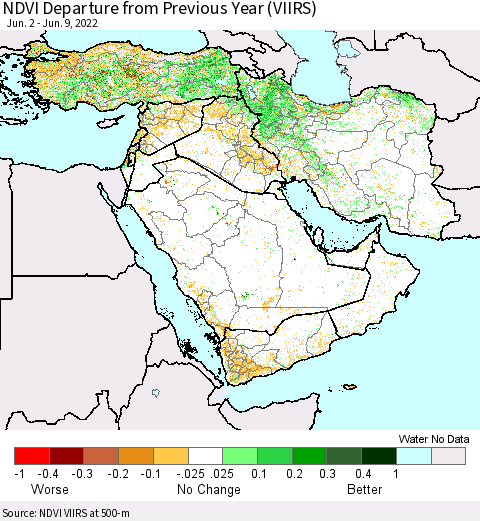 Middle East and Turkey NDVI Departure from Previous Year (VIIRS) Thematic Map For 6/2/2022 - 6/9/2022