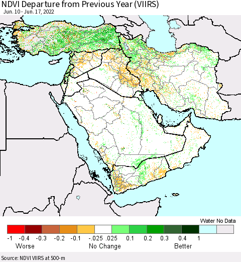 Middle East and Turkey NDVI Departure from Previous Year (VIIRS) Thematic Map For 6/10/2022 - 6/17/2022