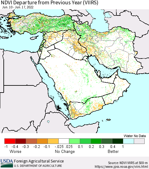 Middle East and Turkey NDVI Departure from Previous Year (VIIRS) Thematic Map For 6/11/2022 - 6/20/2022