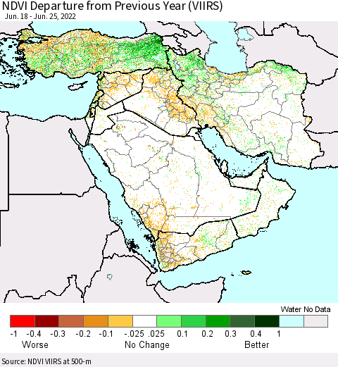 Middle East and Turkey NDVI Departure from Previous Year (VIIRS) Thematic Map For 6/18/2022 - 6/25/2022
