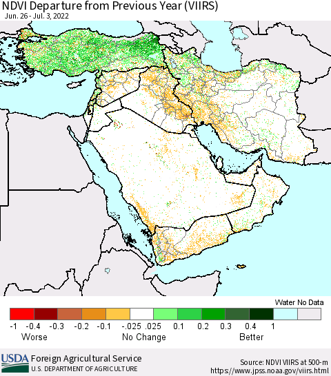 Middle East and Turkey NDVI Departure from Previous Year (VIIRS) Thematic Map For 7/1/2022 - 7/10/2022