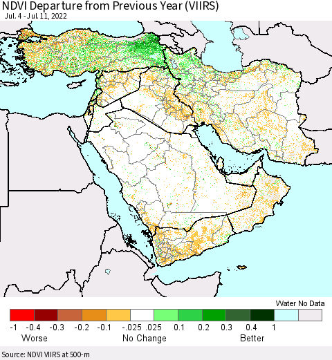 Middle East and Turkey NDVI Departure from Previous Year (VIIRS) Thematic Map For 7/4/2022 - 7/11/2022