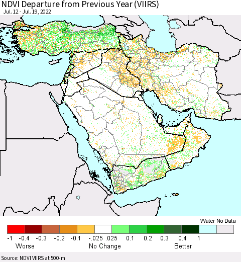 Middle East and Turkey NDVI Departure from Previous Year (VIIRS) Thematic Map For 7/12/2022 - 7/19/2022