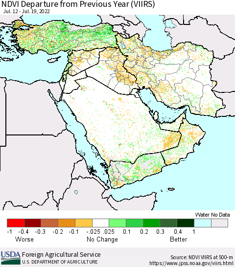 Middle East and Turkey NDVI Departure from Previous Year (VIIRS) Thematic Map For 7/11/2022 - 7/20/2022
