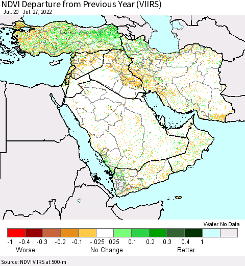 Middle East and Turkey NDVI Departure from Previous Year (VIIRS) Thematic Map For 7/20/2022 - 7/27/2022