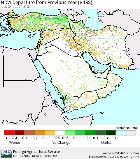 Middle East and Turkey NDVI Departure from Previous Year (VIIRS) Thematic Map For 7/21/2022 - 7/31/2022