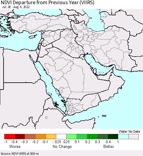 Middle East and Turkey NDVI Departure from Previous Year (VIIRS) Thematic Map For 7/28/2022 - 8/4/2022