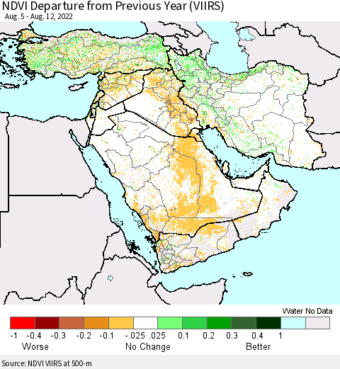 Middle East and Turkey NDVI Departure from Previous Year (VIIRS) Thematic Map For 8/5/2022 - 8/12/2022