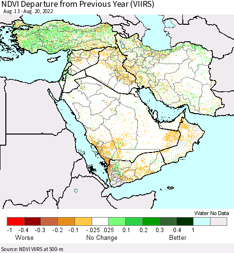 Middle East and Turkey NDVI Departure from Previous Year (VIIRS) Thematic Map For 8/13/2022 - 8/20/2022