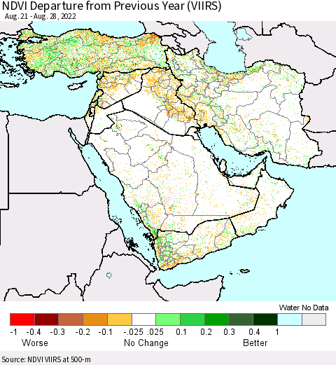 Middle East and Turkey NDVI Departure from Previous Year (VIIRS) Thematic Map For 8/21/2022 - 8/28/2022