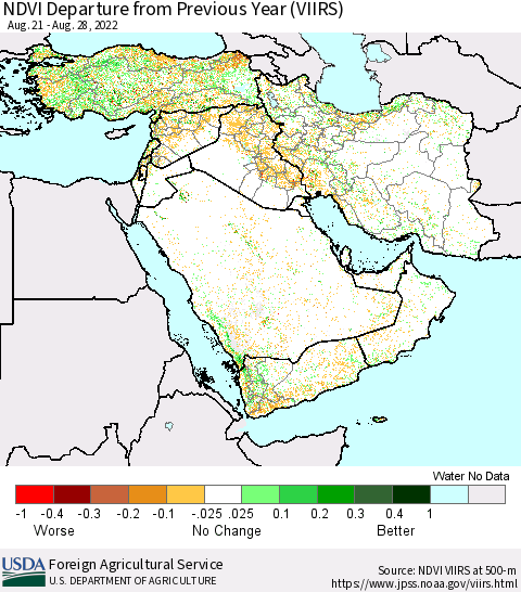 Middle East and Turkey NDVI Departure from Previous Year (VIIRS) Thematic Map For 8/21/2022 - 8/31/2022