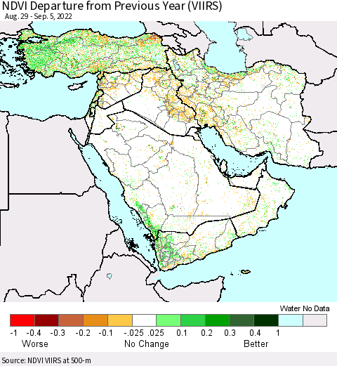 Middle East and Turkey NDVI Departure from Previous Year (VIIRS) Thematic Map For 8/29/2022 - 9/5/2022