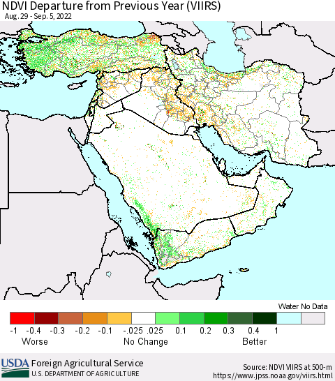 Middle East and Turkey NDVI Departure from Previous Year (VIIRS) Thematic Map For 9/1/2022 - 9/10/2022