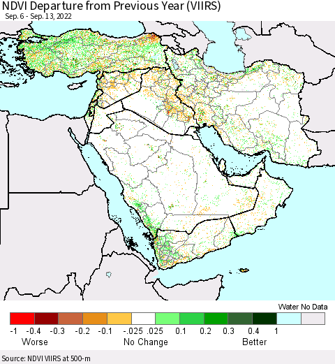 Middle East and Turkey NDVI Departure from Previous Year (VIIRS) Thematic Map For 9/6/2022 - 9/13/2022