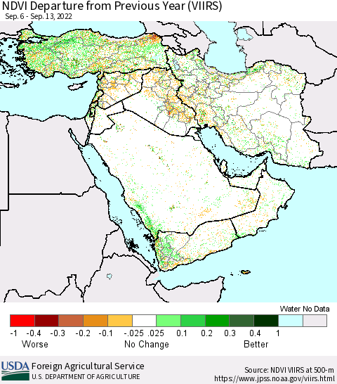 Middle East and Turkey NDVI Departure from Previous Year (VIIRS) Thematic Map For 9/11/2022 - 9/20/2022