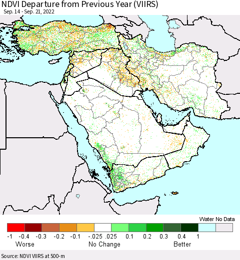 Middle East and Turkey NDVI Departure from Previous Year (VIIRS) Thematic Map For 9/14/2022 - 9/21/2022