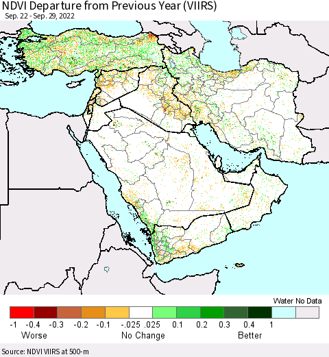 Middle East and Turkey NDVI Departure from Previous Year (VIIRS) Thematic Map For 9/22/2022 - 9/29/2022
