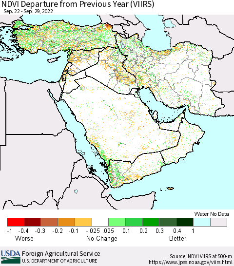 Middle East and Turkey NDVI Departure from Previous Year (VIIRS) Thematic Map For 9/21/2022 - 9/30/2022