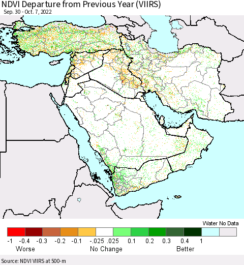 Middle East and Turkey NDVI Departure from Previous Year (VIIRS) Thematic Map For 9/30/2022 - 10/7/2022