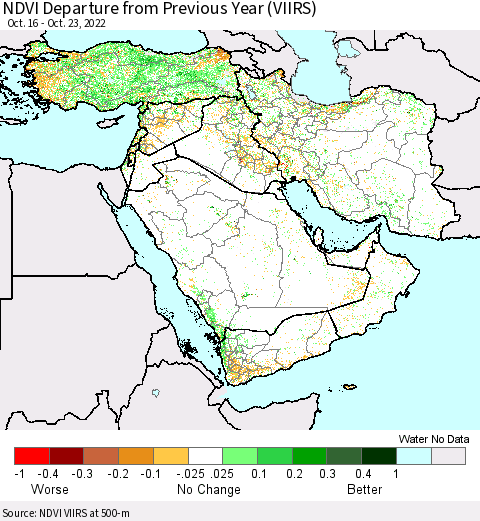 Middle East and Turkey NDVI Departure from Previous Year (VIIRS) Thematic Map For 10/16/2022 - 10/23/2022
