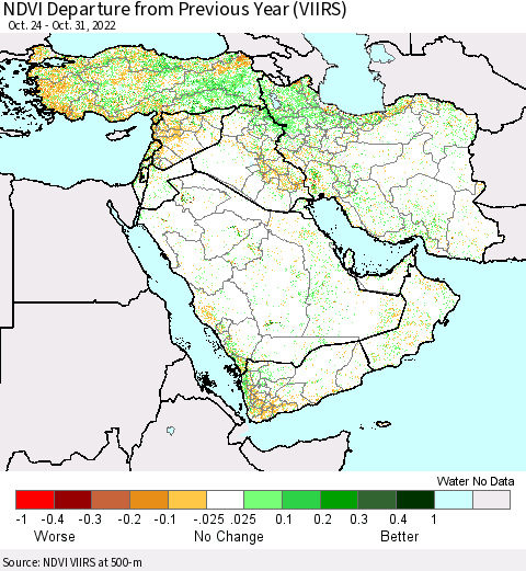 Middle East and Turkey NDVI Departure from Previous Year (VIIRS) Thematic Map For 10/24/2022 - 10/31/2022
